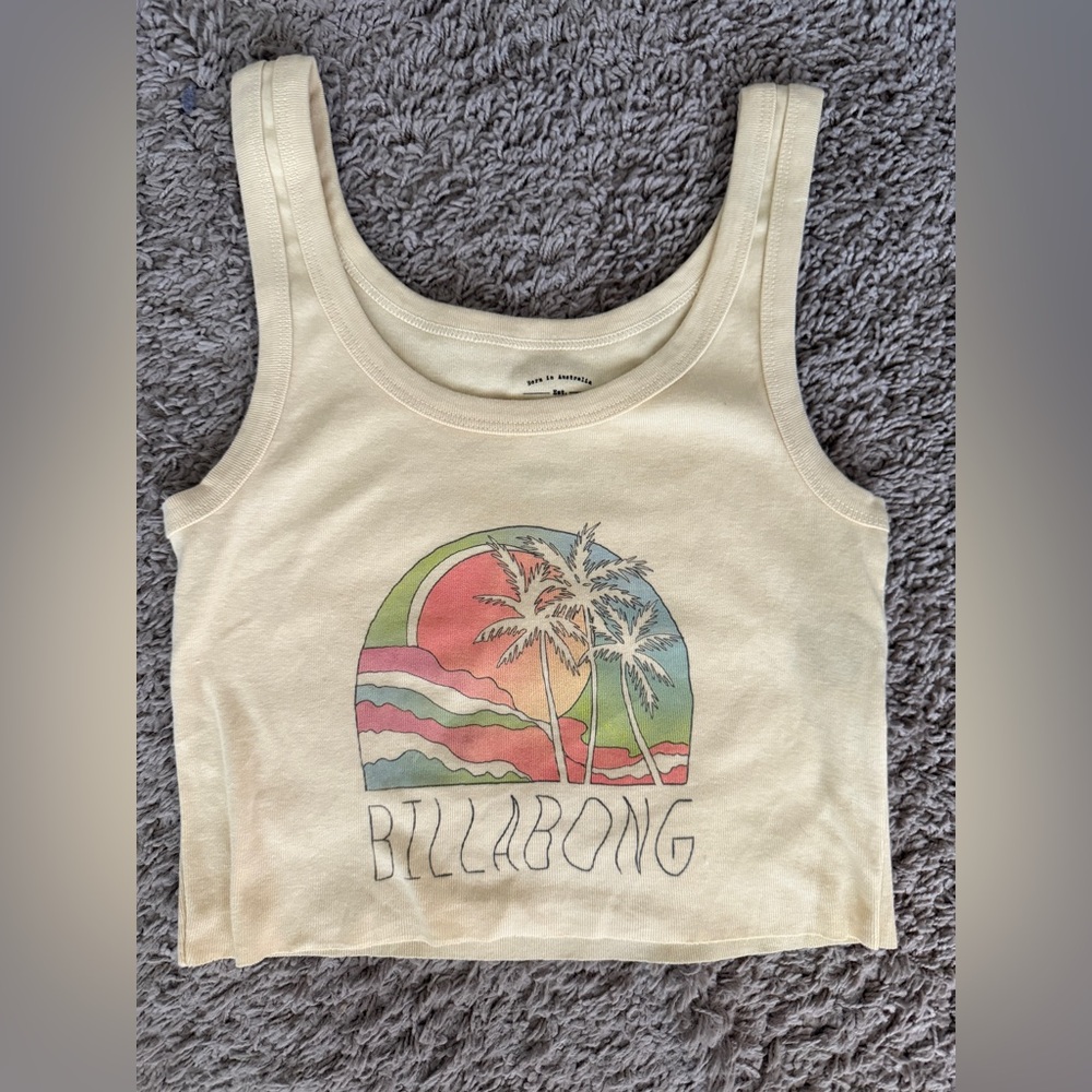 Billabong Crop Tank Top – New Retro Sunset Palm Tree Graphic (Small)